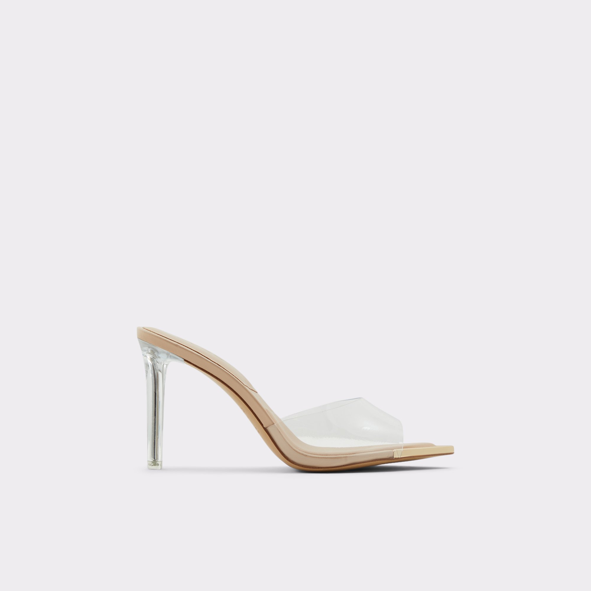 A tan and clear heeled mule shoe