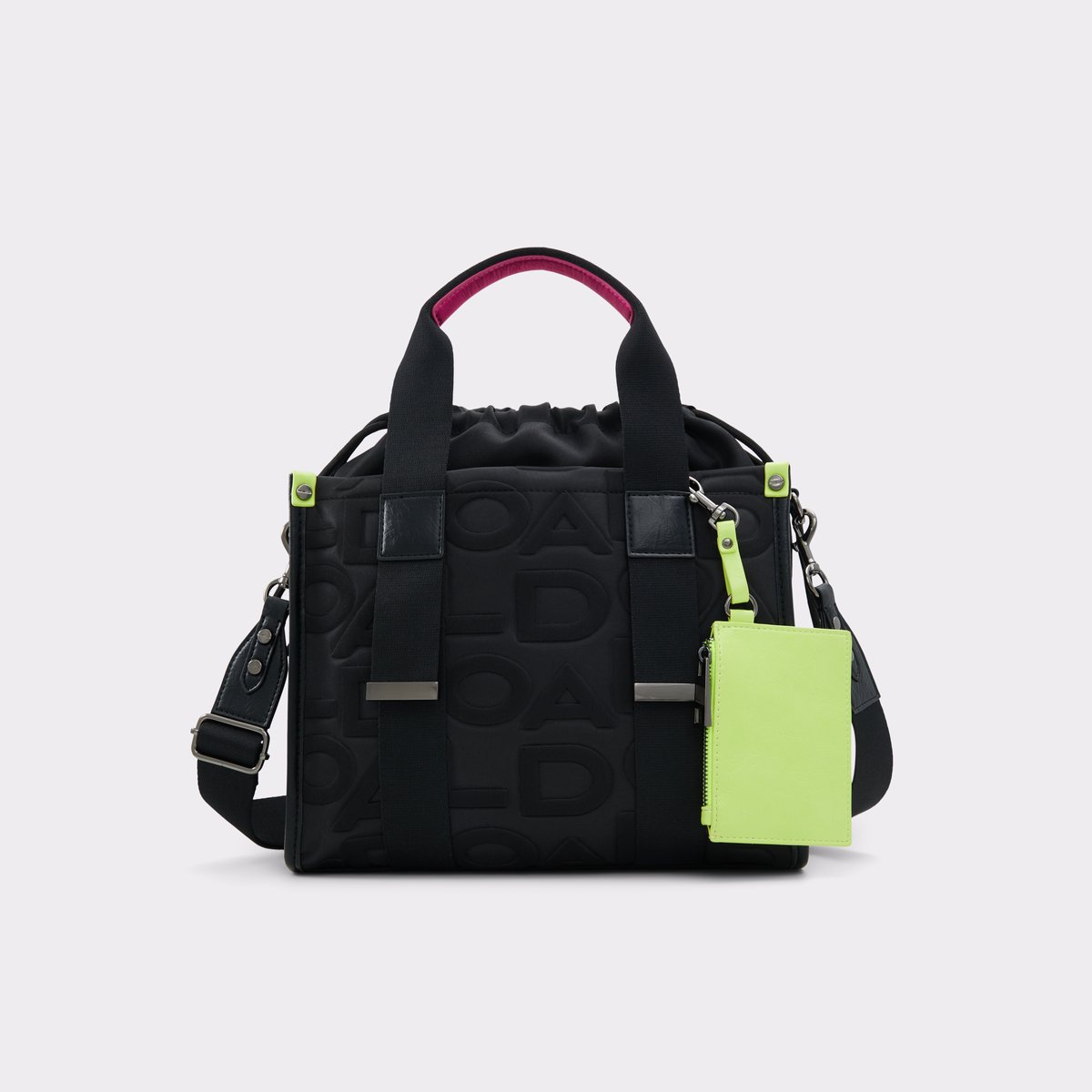 【ALDO】クールロゴ柄 Eviebarrelx☆ドラム型・ショルダーバッグ ハンドルスカーフ付きレザー調ミニショルダーバッグ（ショルダー